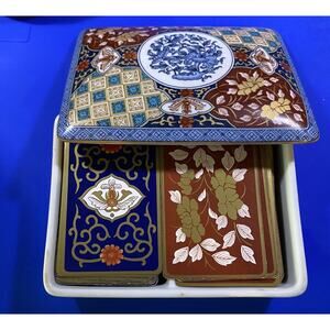 Vintage Smithsonian Imari Style Ceramic Bridge Playing Card Holder w/ Lid Japan
